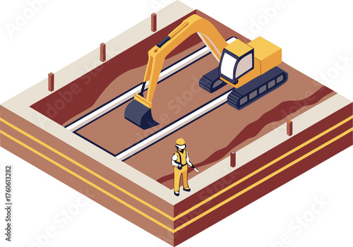 Modern isometric vector showing waterworks construction and underground piping installation.