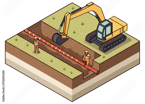 Civil engineering isometric illustration of underground water supply installation project.