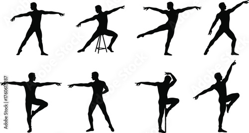 Ballet dancer silhouette collection, elegant poses, graceful movement, black figure art, dance posture, flexibility, performance, classical ballet, artistic expression