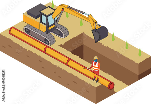 Water pipe repair and installation at construction site isometric vector with engineer and machinery.