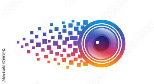A colorful camera lens logo with pixelated squares, representing digital photography and modern visual technology