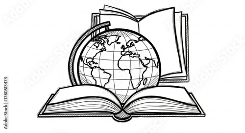 Open books with a globe, symbolizing education, knowledge, and exploration in a handdrawn style for learning and discovery