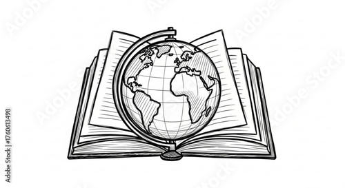 Open book with globe, representing education, knowledge, and global perspective in a handdrawn style for learning and discovery