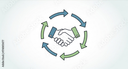 Handshake with arrows in a circle, , symbolizing agreement, partnership, collaboration, and continuous business cycle