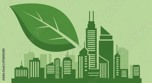 Green city concept with a leaf in front of a skyline, symbolizing environmental awareness and sustainable urban development for a better future