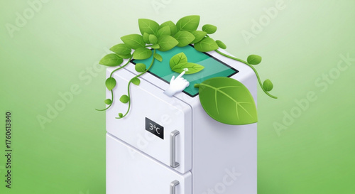 A refrigerator covered in green leaves, symbolizing ecofriendly and sustainable technology, with a hand touching the screen vector illustration