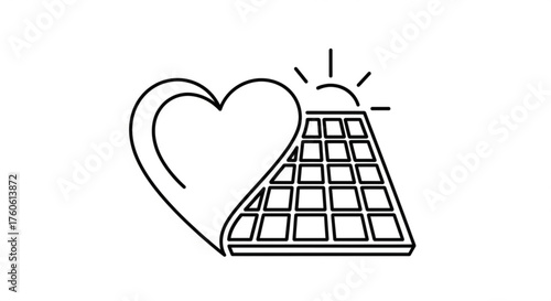 Solar panel with heart shape and sun symbolizes renewable energy, sustainability, and environmental consciousness in a clean design