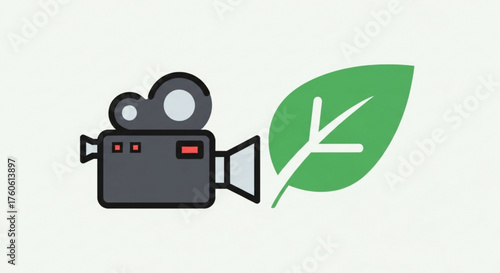 A symbolic representation of ecofriendly filmmaking, featuring a classic camera icon paired with a vibrant green leaf