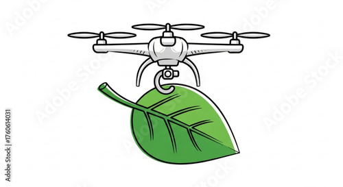 Drone carrying a green leaf concept of environmental protection, sustainable agriculture, and ecofriendly technology solutions