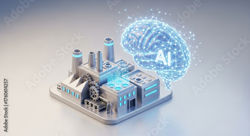 Artificial intelligence brain connected to a factory, representing the concept of smart manufacturing and automation