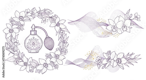 Elegant perfumery vector elements with floral wreath, atomizer, and scent wave for custom fragrance branding