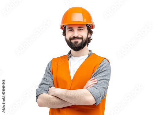 Confident construction worker wearing orange safety vest and helmet with folded arms, smiling and ready for work in protective outfit