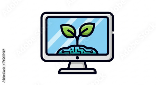 A computer monitor displaying a plant growing out of it, symbolizing growth, technology, and the environment