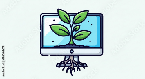 A computer monitor displaying a plant growing out of it, symbolizing growth, technology, and the environment