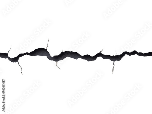 Crack in concrete surface with jagged edges and rough texture, isolated on transparent background, showing damage and wear in building material