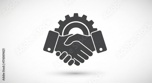 Handshake in front of a gear, symbolizing a strong business partnership represents collaboration, agreement, and mechanical cooperation