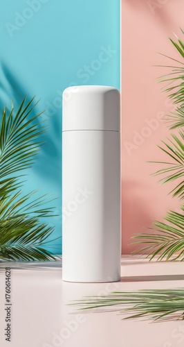Wallpaper Mural Blank white cylindrical container sits on a pastel pink floor, surrounded by tropical palm fronds, against a backdrop of split teal and peach Torontodigital.ca