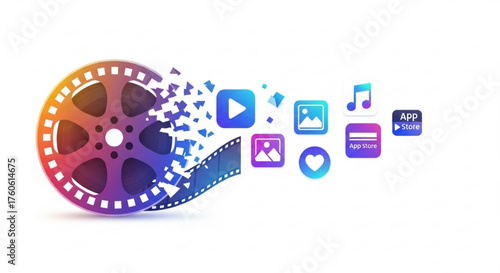 Colorful film reel disintegrating into social media icons, representing the digital transformation of the entertainment industry