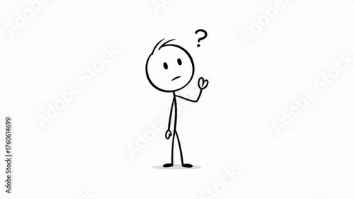 Animated stick figure pondering with question mark on white background