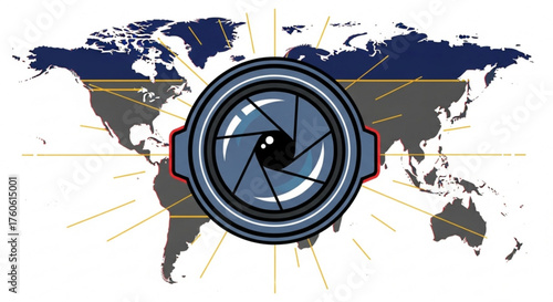 World photography logo featuring a camera lens and world map, symbolizing global reach and connection