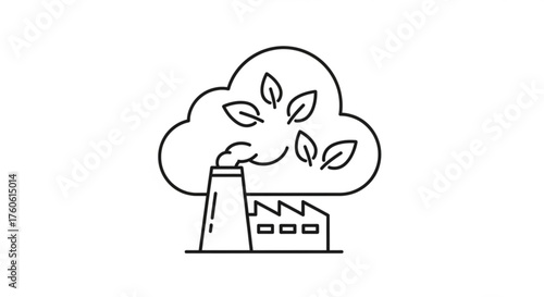 Illustration of a factory emitting leaves instead of smoke, symbolizing ecofriendly production and sustainable industry