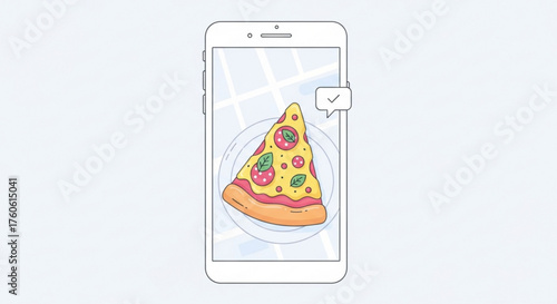 Illustration of a smartphone displaying a pizza slice on a plate, representing online food ordering and delivery