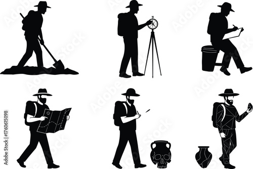 Archaeologist silhouette, fieldwork activity, excavation pose, artifact study, black vector, research scene, mapping gesture, outdoor science, dig site, exploration icon