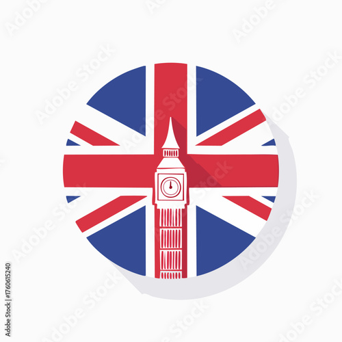 Big Ben Tower and Union Jack Flag in Circular Design.