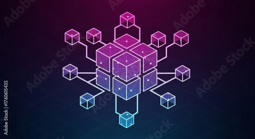 Isometric blockchain network concept with vibrant neon gradient, representing interconnected digital data blocks and secure transactions for advanced technology solutions