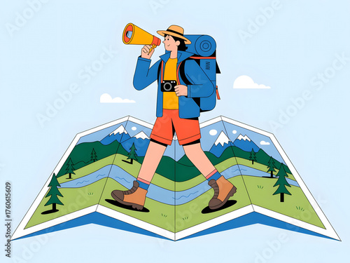 A hiker announces their adventure while walking across a map landscape