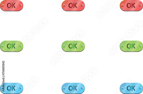 Set of 9 colorful OK text icons in red, green, and blue circles, ideal for confirmation buttons, approval symbols, and interface designs.