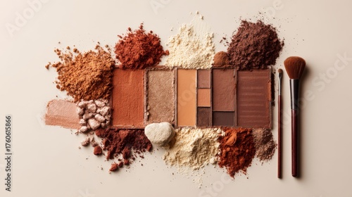 Assorted makeup powders and palettes with brushes eyeshadow