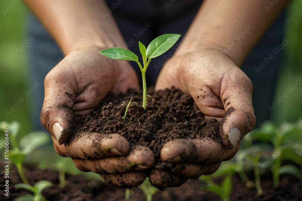 Fototapeta premium Hands holding soil with a young plant seedling growing dirt
