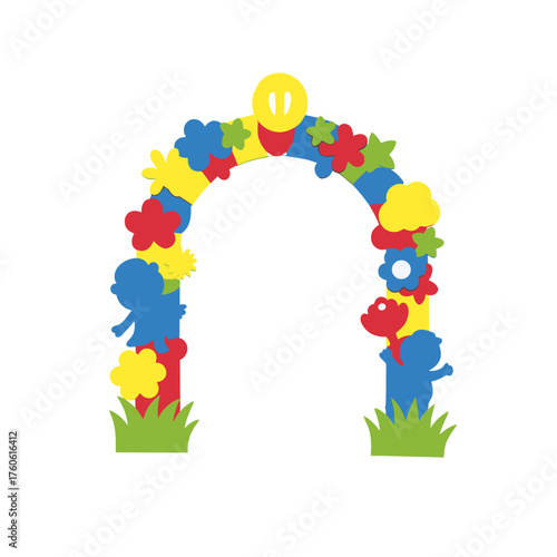 An applique in the form of a colorful decorative arch with flowers and playful characters. 