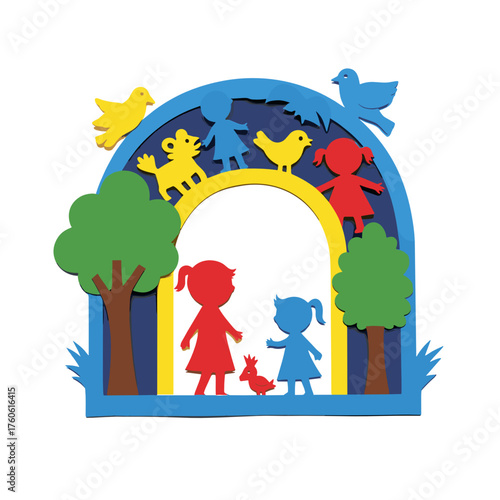 An applique made from an arch and multi-colored paper figures of children playing in the garden with animals.  