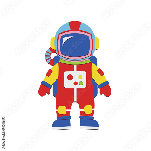 An applique of a cartoon astronaut character in a red spacesuit. 
