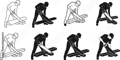 Construction worker using hand saw, carpenter cutting wood, laborer with tool, woodworking professional illustration, building repair activity design graphic -flat vector