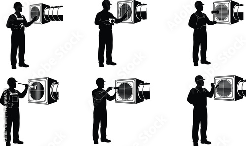 HVAC technician repairing air conditioning unit, maintenance worker inspecting cooling system, heating ventilation professiona