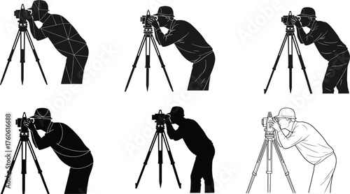 Land surveyor silhouette using theodolite tripod, construction measurement worker, engineering instrument operator, geodetic equipment professional illustration, surveying activity design -flat vector