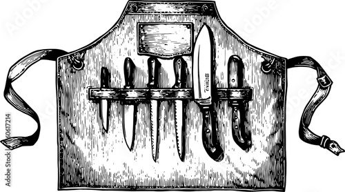Vintage apron with a set of knives displayed. Detailed vector illustration showcasing kitchen tools in a classic style.