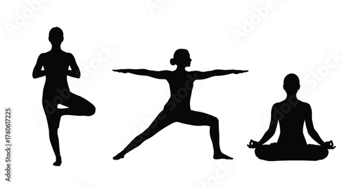 Silhouettes of three women practicing different yoga poses against white background