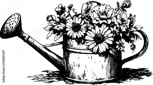 Vintage watering can filled with flowers. Detailed line drawing illustration in black and white, showcasing a beautiful botanical set.