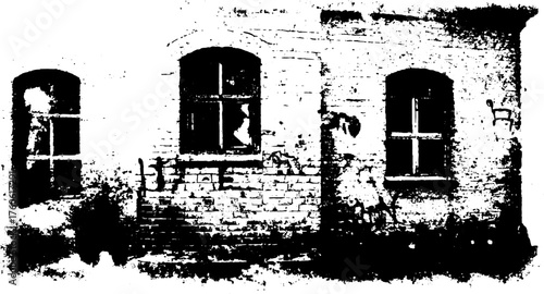 Antique engraving of a brick wall with windows. Black and white vector illustration featuring hand-drawn elements and stipple texture.