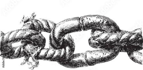 Chain and rope links with a knot in black and white. Vintage engraving style, isolated vector illustration.