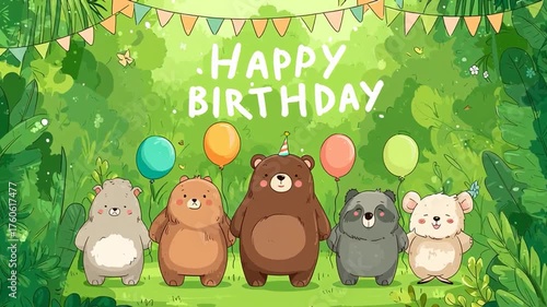 Cute happy birthday celebration concept video. Animals celebrate the birthday of a kid in the forest.