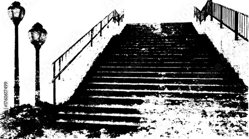 Engraving of a staircase with lamps on either side. Vintage vector illustration featuring elegant architectural details in a silhouette set.