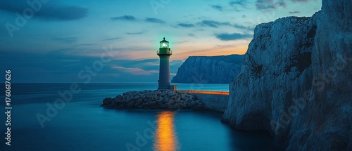 Coastal Lighthouse at Twilight, Rocky Shore, Calm Water