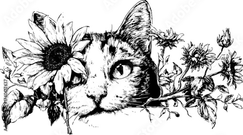 Cat illustration with sunflowers in a detailed vector style. This set features black and white floral and animal elements.