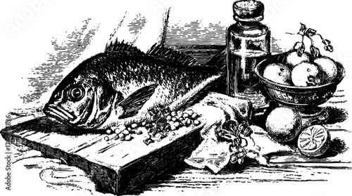 Fish in an antique still life set illustration. Featuring citrus fruits in a bowl with a bottle, hand-drawn vector illustration.