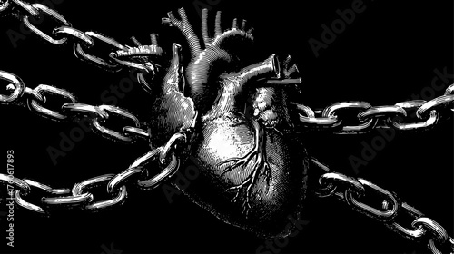 Heart engraving with chains, featuring vintage style and detailed line drawing. This monochrome vector illustration is suitable for artistic and medical themes.